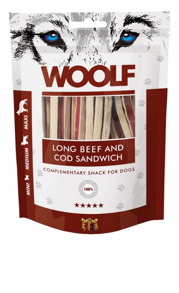 Picture of Woolf Long Beef Cod Sandwich for Dogs 100g